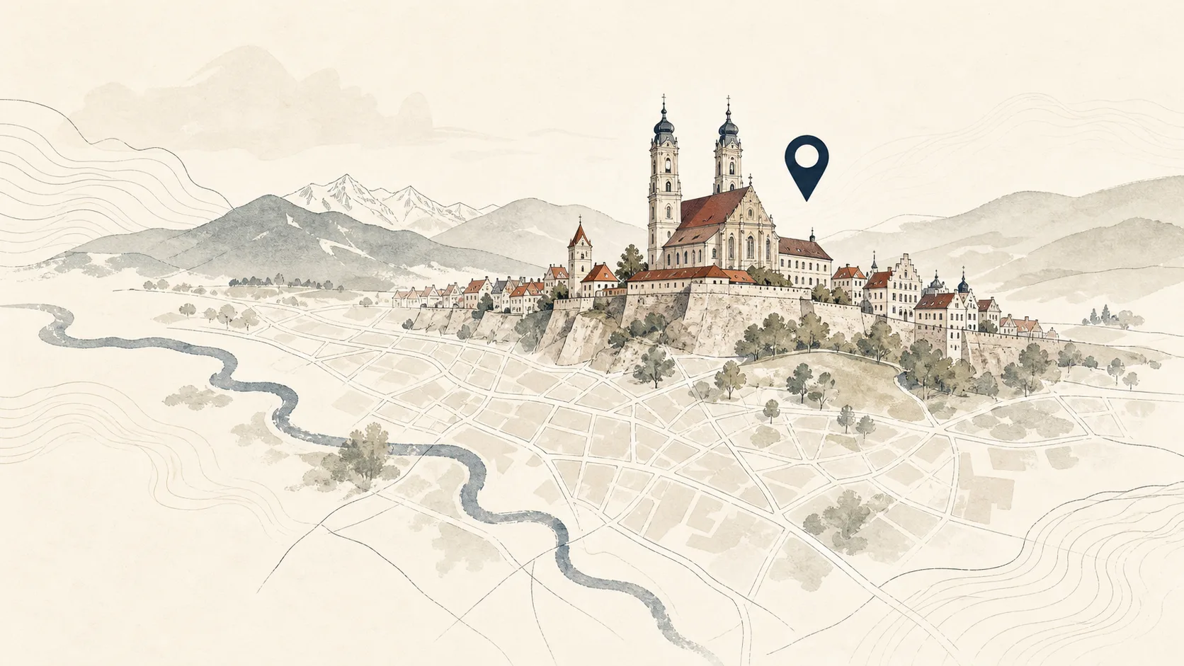Stilisierte Ortsübersicht von Kempten im Allgäu mit Basilika und Alpenpanorama