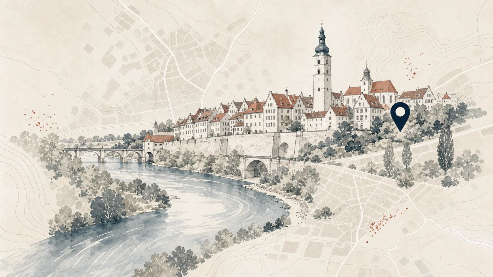 Stilisierte Ortsübersicht von Landsberg am Lech mit Altstadt und Lech