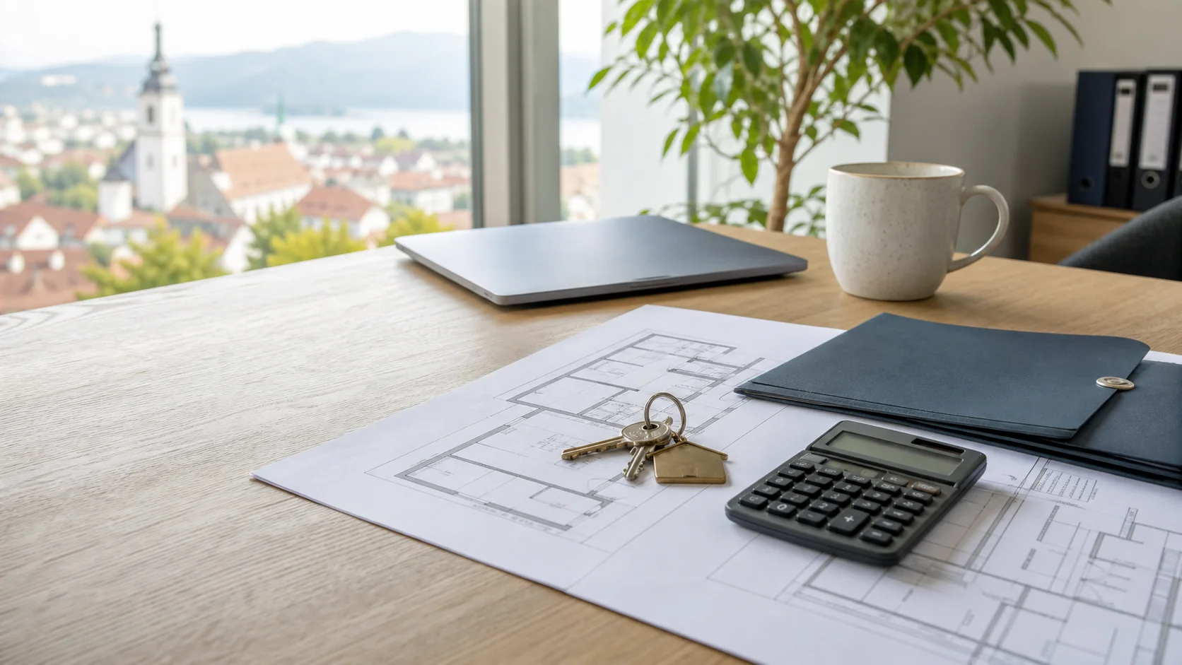 Immobilienunterlagen, Hausschlüssel und Taschenrechner zur Einordnung der Bewertungskosten